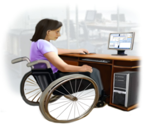 lady in wheelchair looking at computer screen on a desk in an office